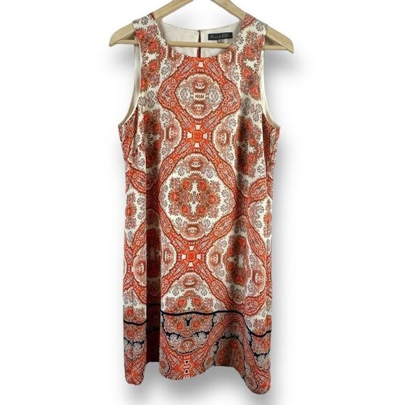Rose + Olive Women's 10 Sleeveless Shift Dress Orange Mandala Paisley Bohemian - Picture 1 of 10